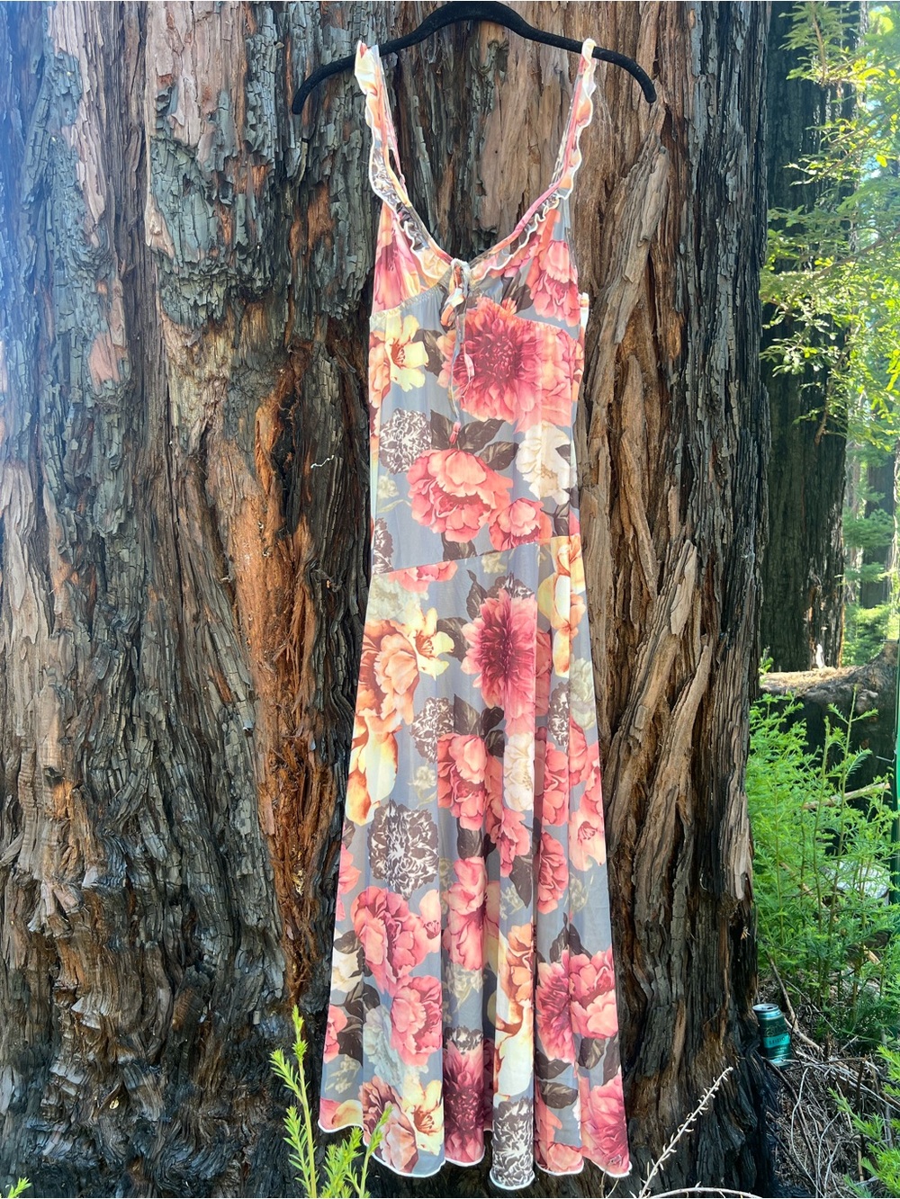 Vintage Floral Ruffle-Trim Maxi Dress in Pink and Gray